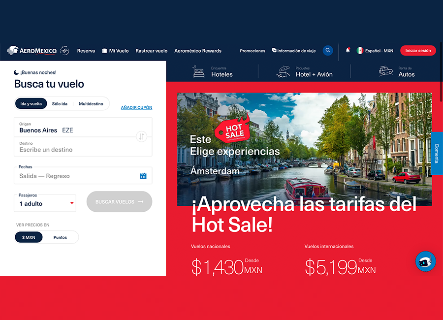 Screenshot Aeromexico sitio desarrollado matecitos.ar